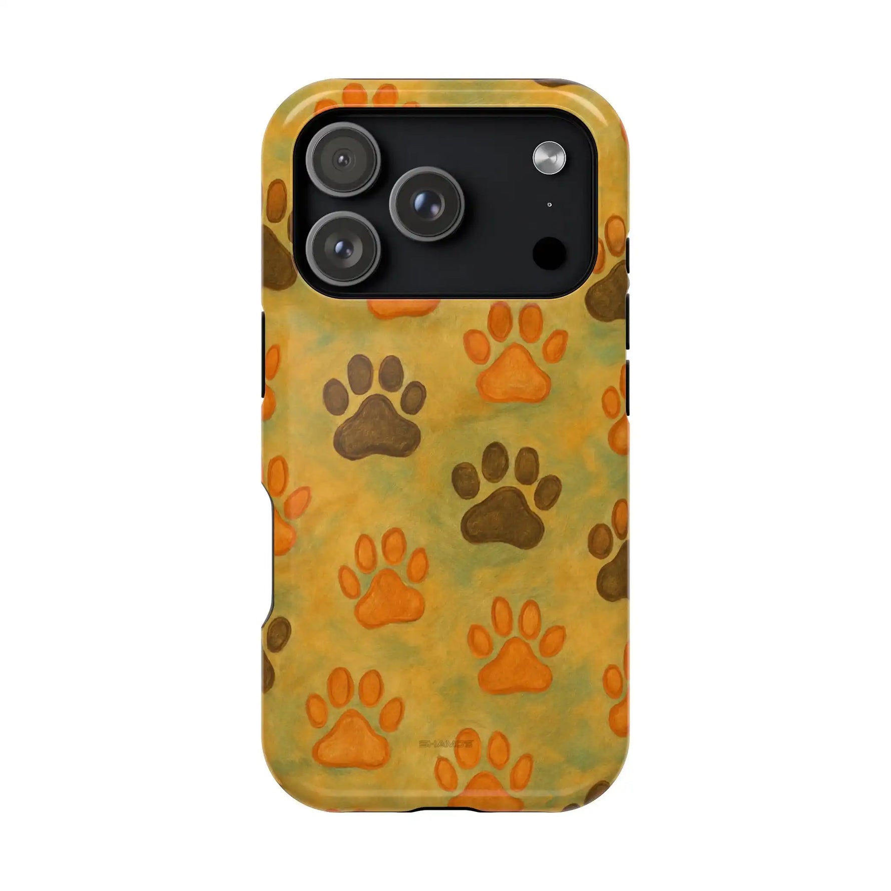 iPhone case with orange and brown paw print pattern on yellow-green background, shown in large size