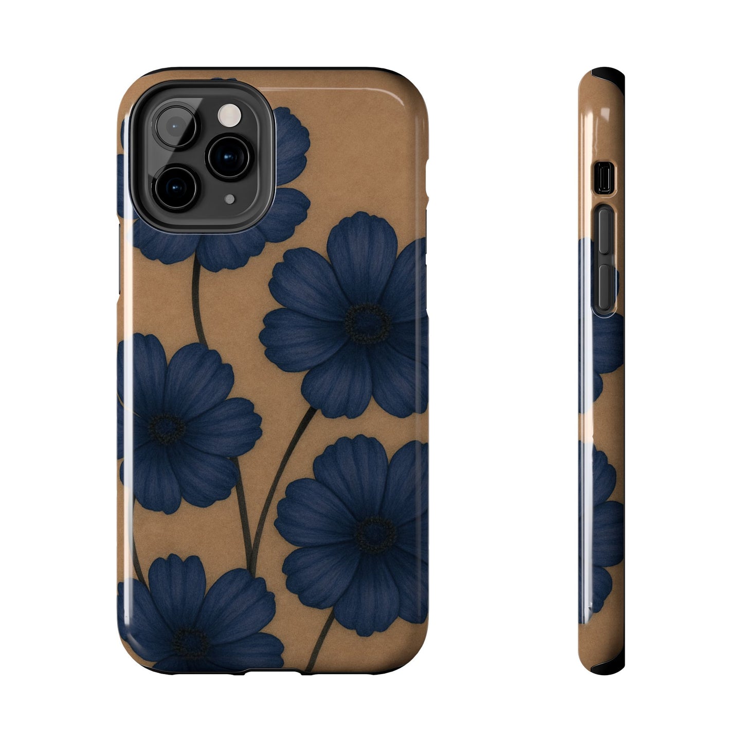 Navy Floral Tough iPhone Case — Durable Protective Case with Blue Flowers on Kraft Background