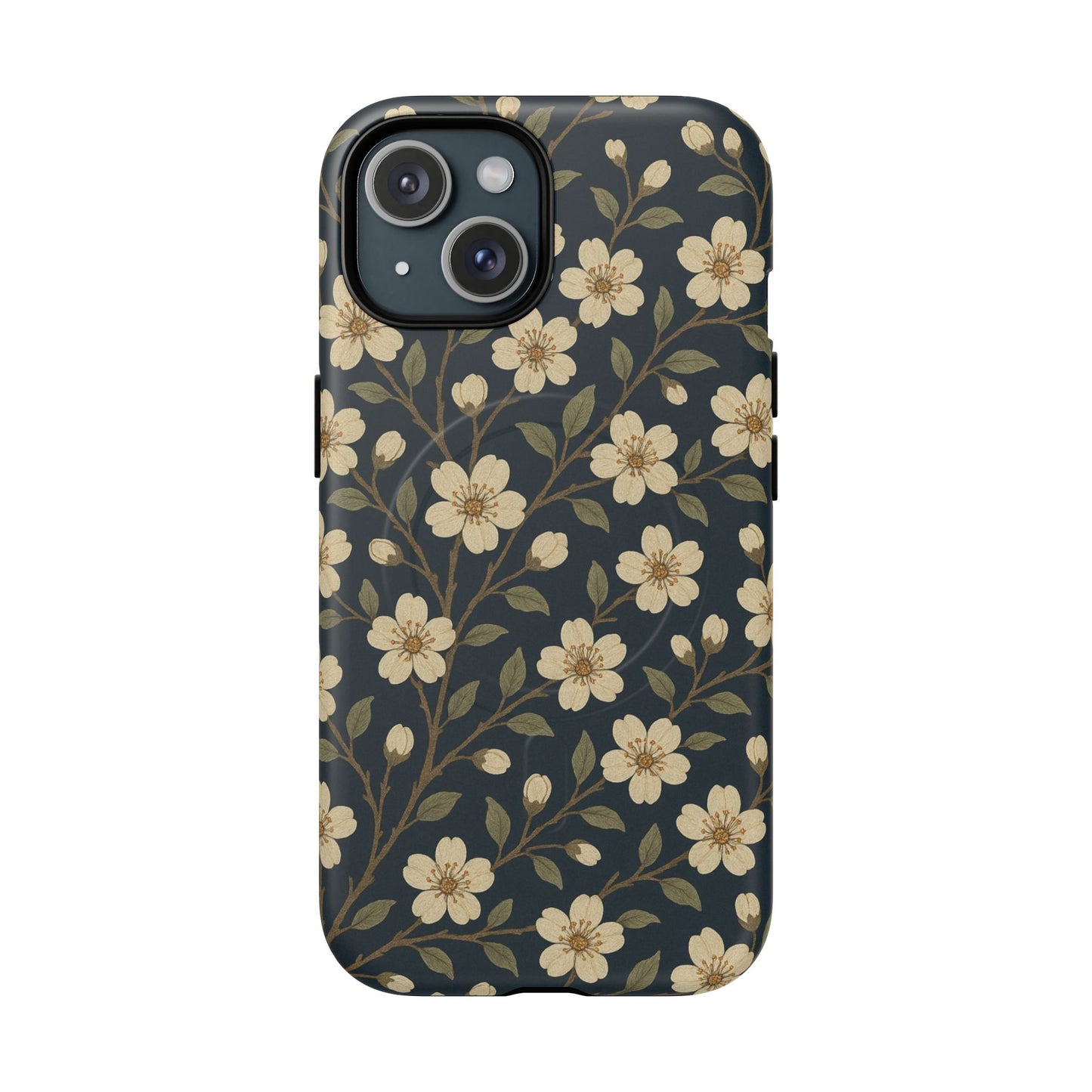 Navy Cherry Blossom Floral iPhone Case - Compatible with MagSafe
