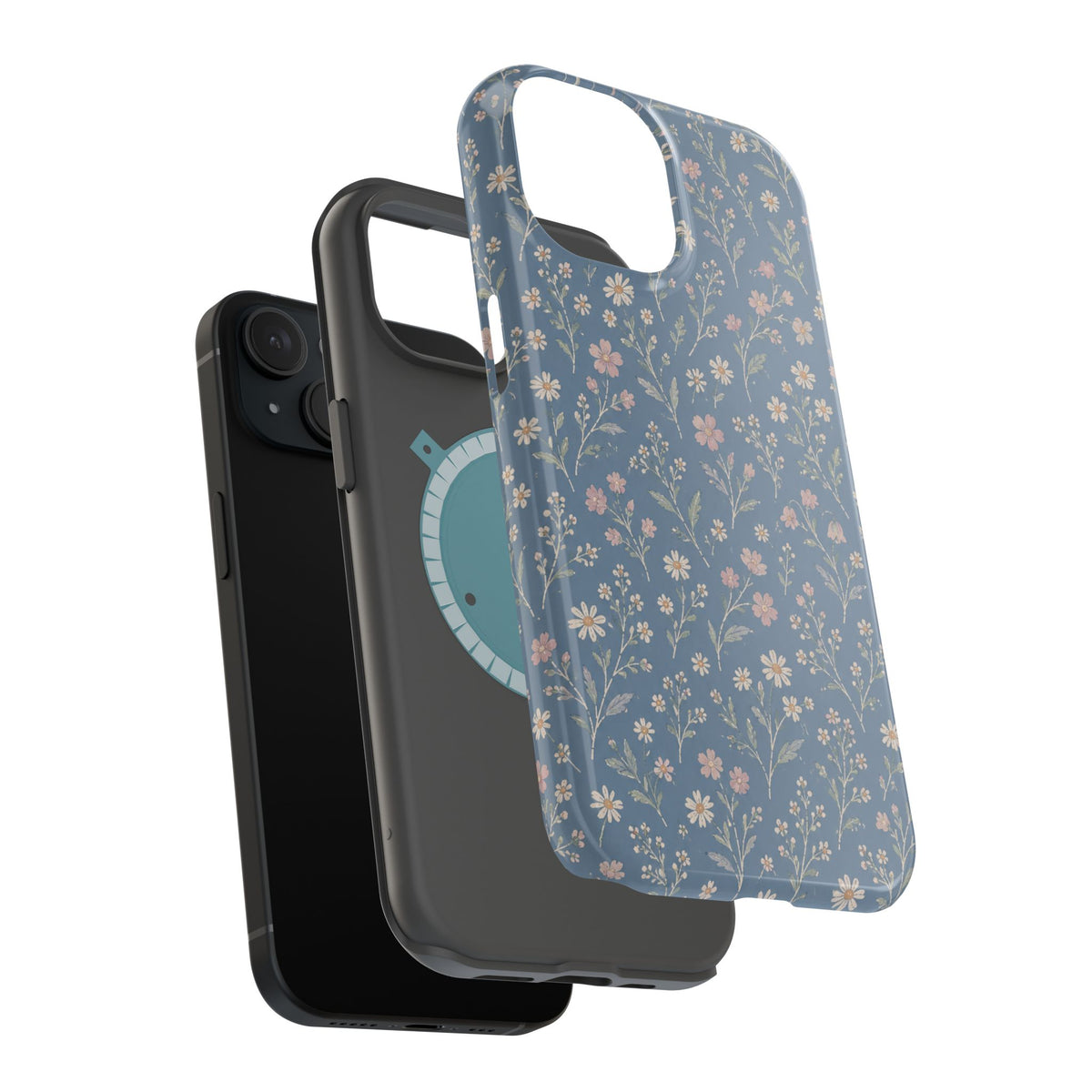 Denim Wildflowers MagSafe Phone Case, glossy diagonal dual-camera model, exploded shell and liner with magnetic ring