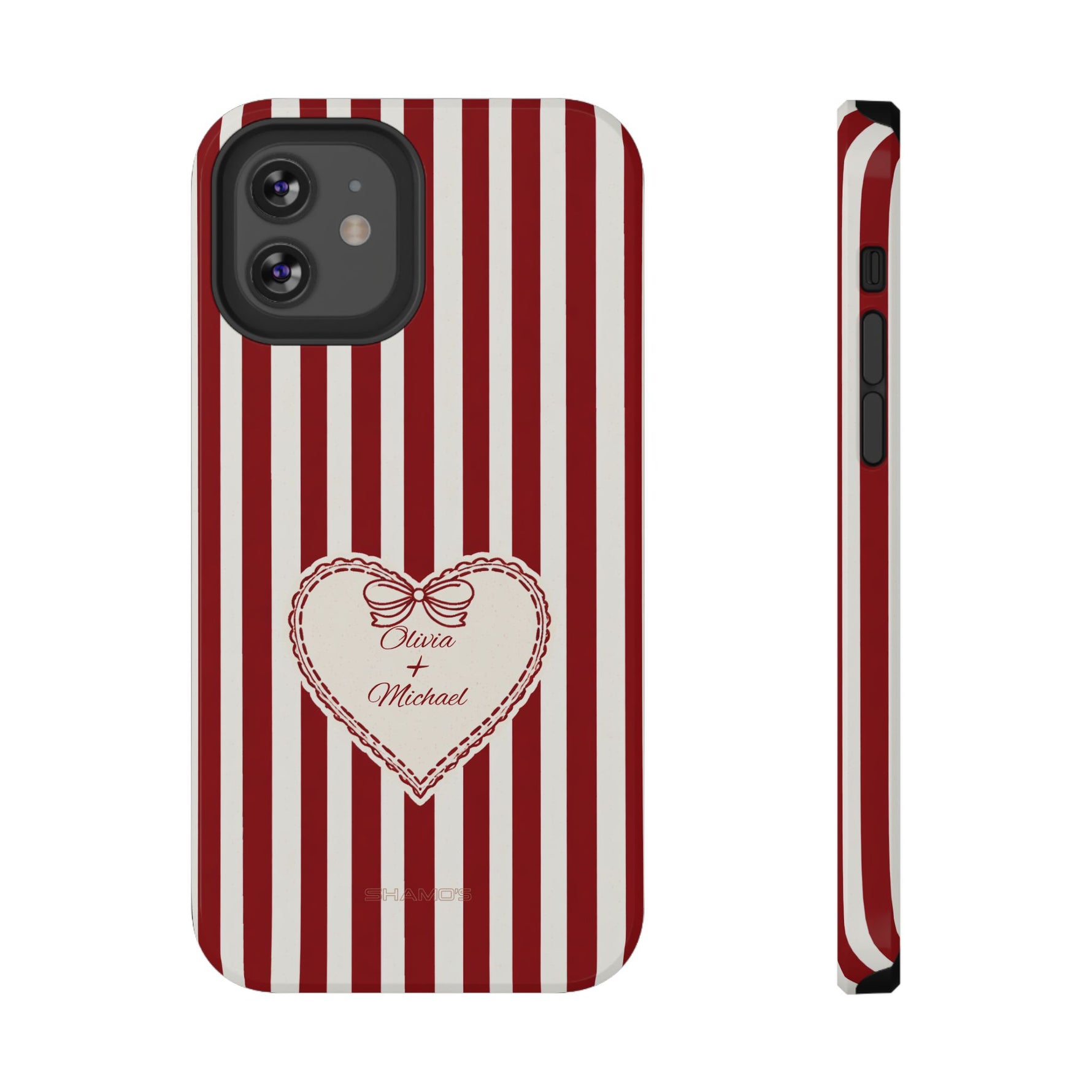 Funda personalizada a rayas — Diseño de corazón rojo y blanco (nombres personalizados)