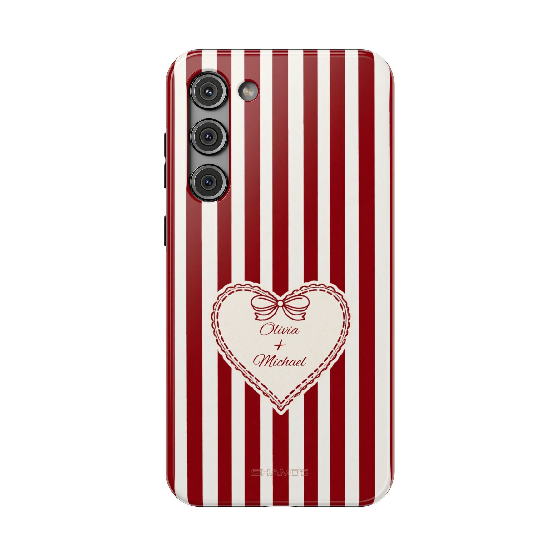 Funda personalizada a rayas — Diseño de corazón rojo y blanco (nombres personalizados)