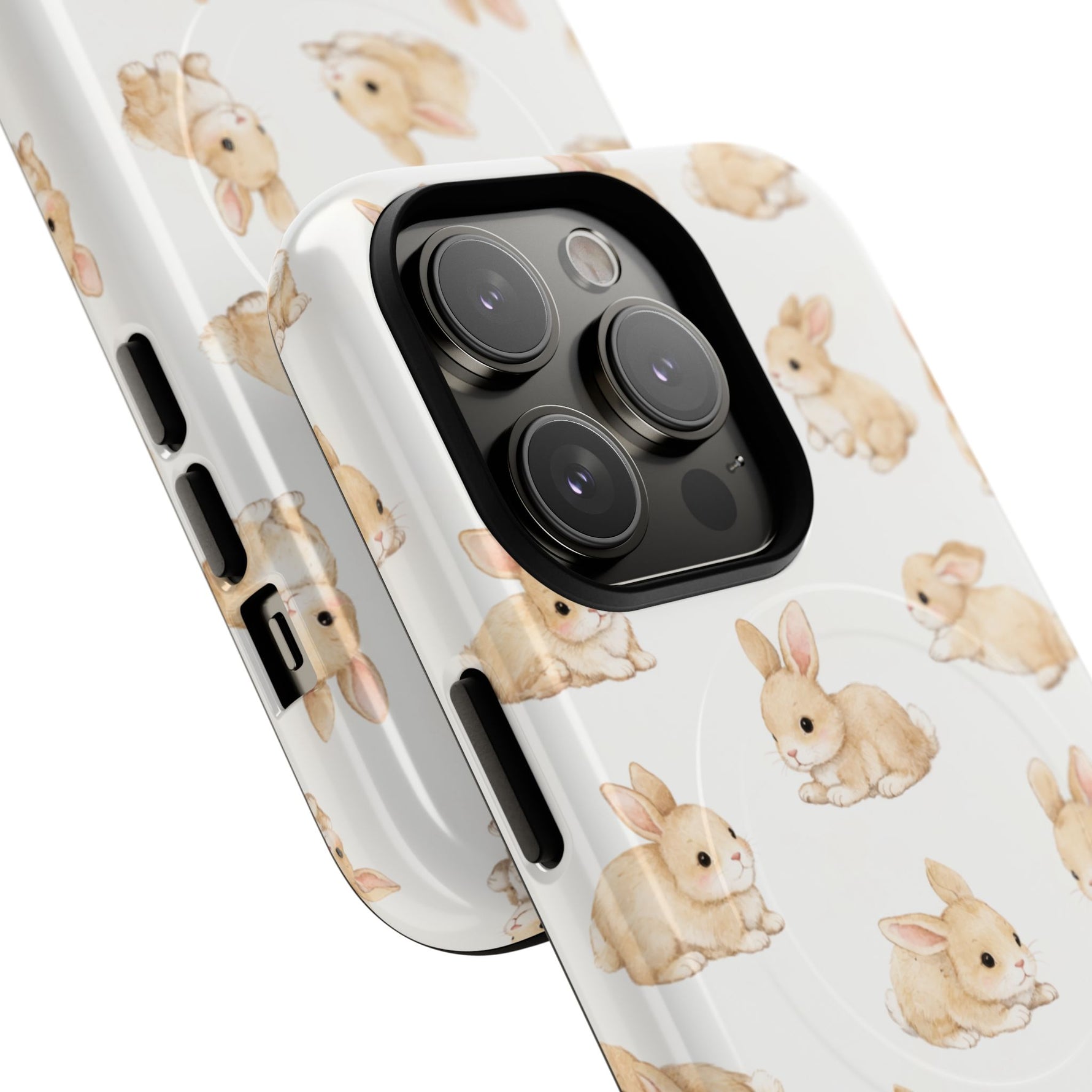 Two sizes of white phone cases with cute cartoon bunny pattern and raised camera protection