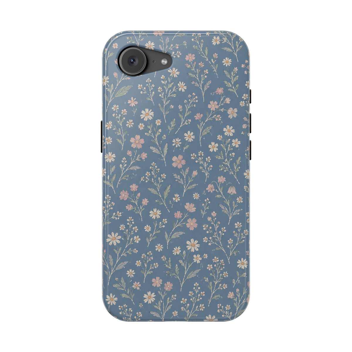 Denim Wildflowers MagSafe Phone Case, glossy iPhone 16e, rear view