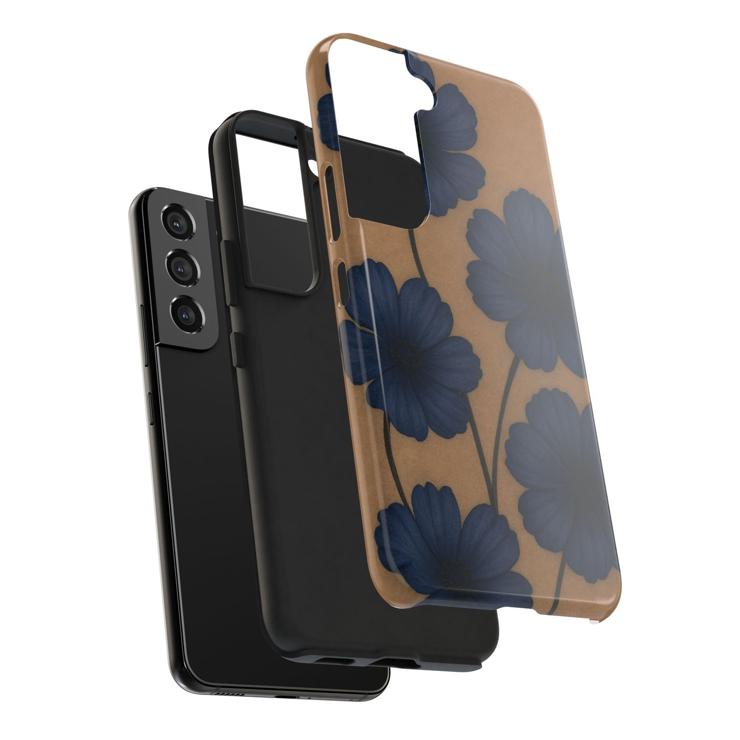 Navy Floral Tough iPhone Case — Durable Protective Case with Blue Flowers on Kraft Background