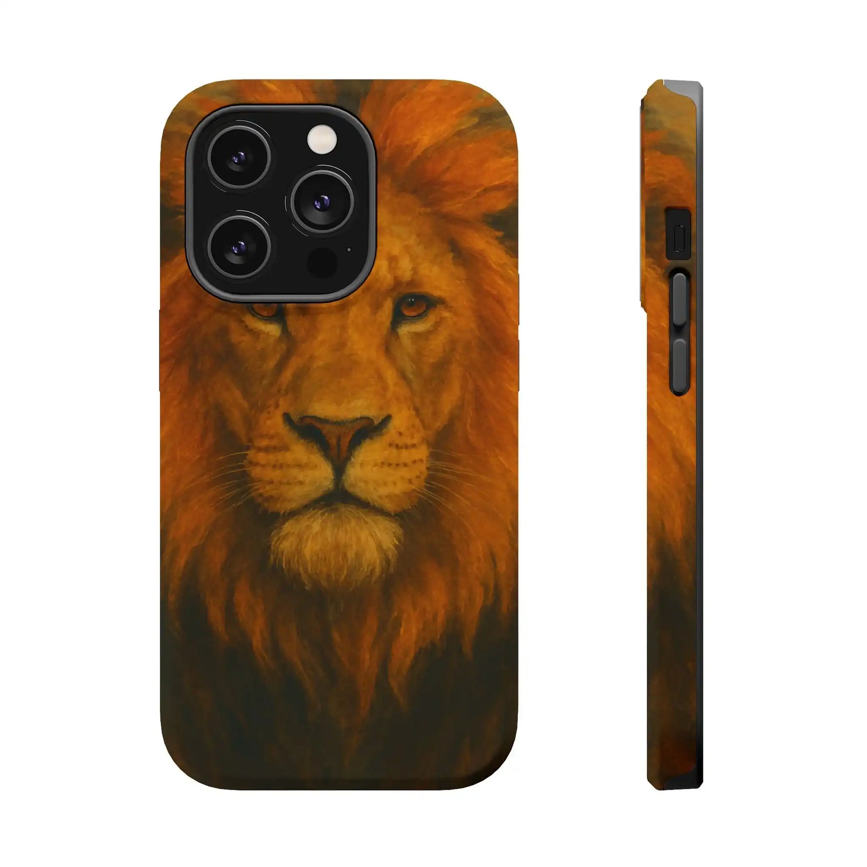 iPhone case showing detailed lion face artwork, front and side views with slim design variant