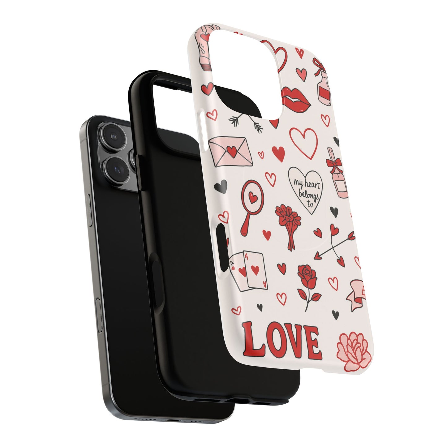 Romantic Love Doodle Tough iPhone Case ("LOVE", hearts, roses) (MagSafe compatible)