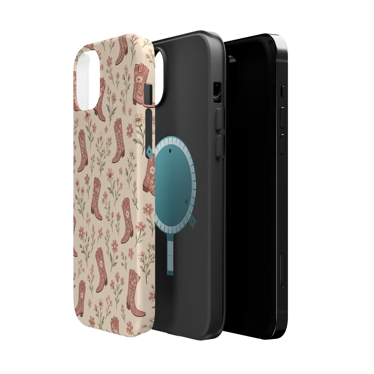 Floral Boots MagSafe Phone Case, glossy diagonal dual-camera model, exploded shell and liner with magnetic ring