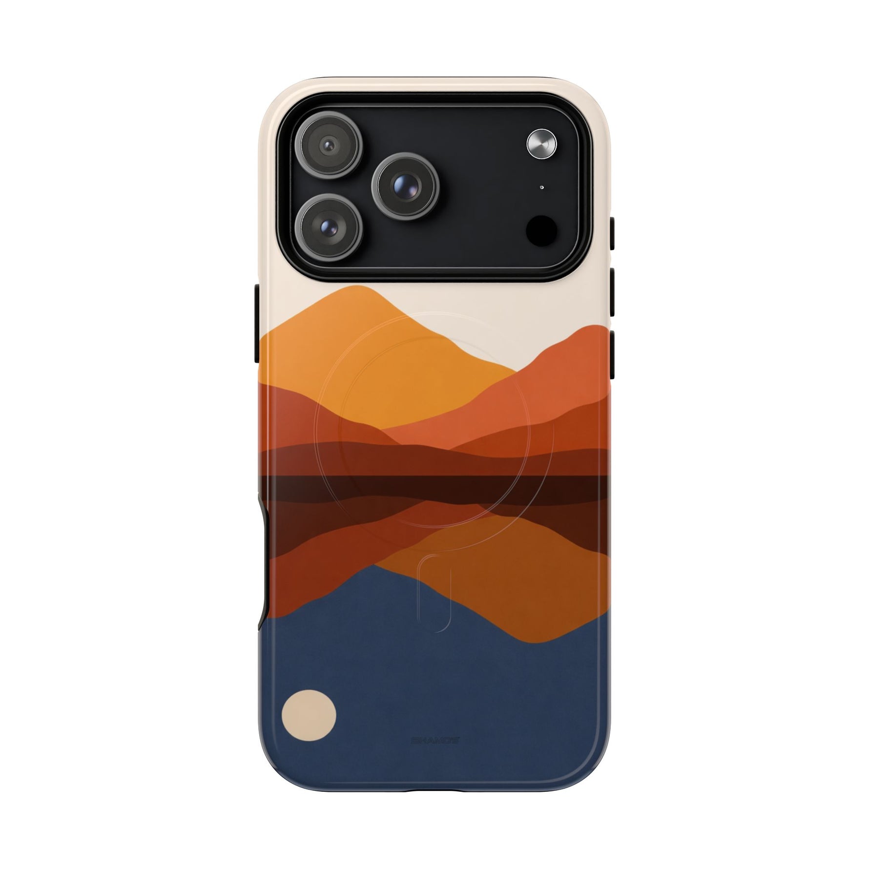Phone case with landscape design showing layered orange mountains and blue water variant size