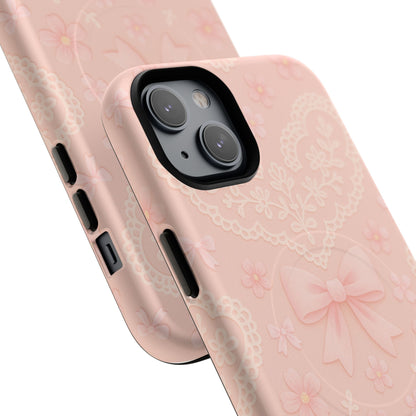 Balletcore Pink Floral Lace iPhone Case with Bow | Works with MagSafe