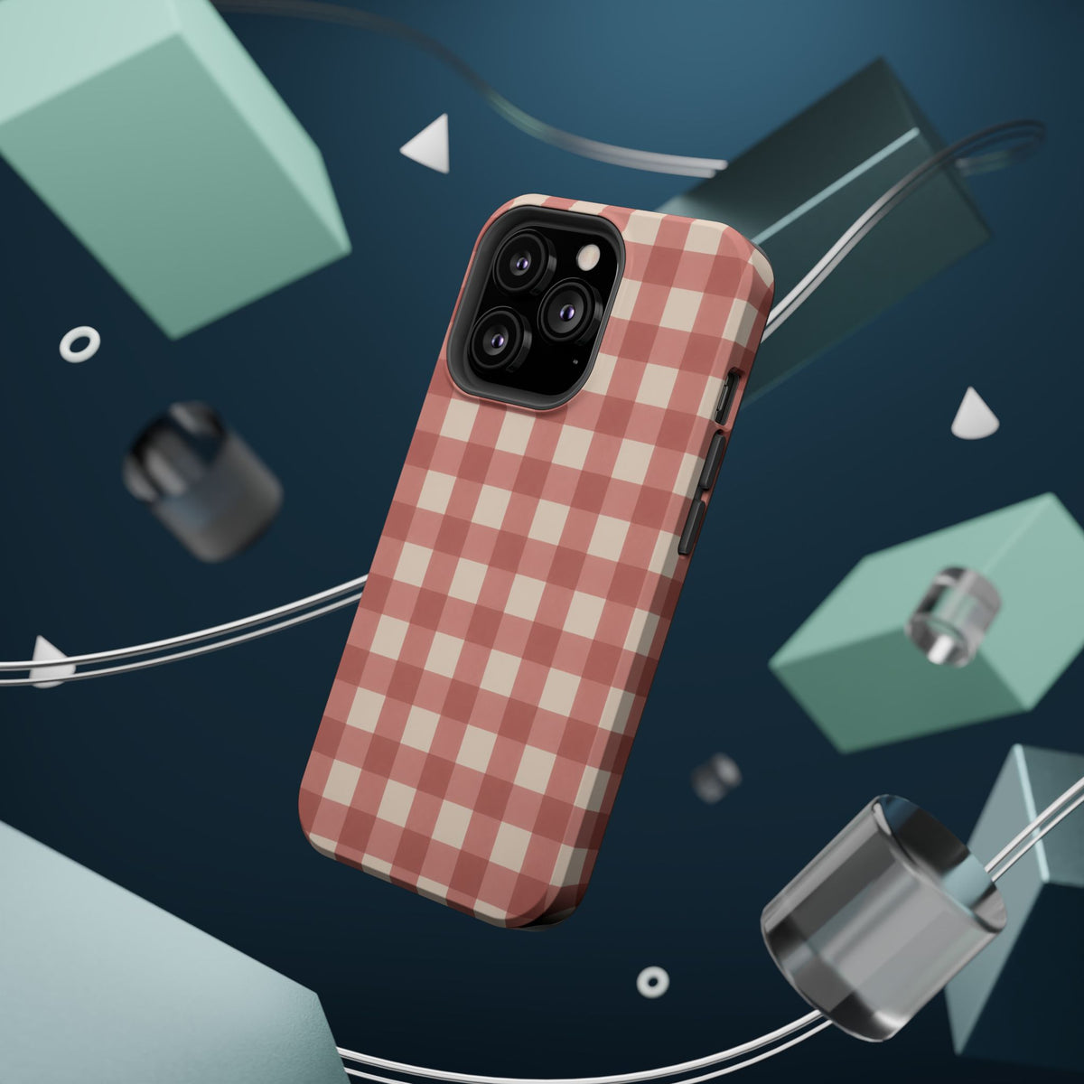 Prairie Gingham MagSafe Phone Case, glossy square triple-camera Pro model, rear view with magnetic accessories