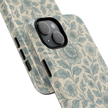 Vintage Blue Floral Tough Case for iPhone - Compatible with MagSafe