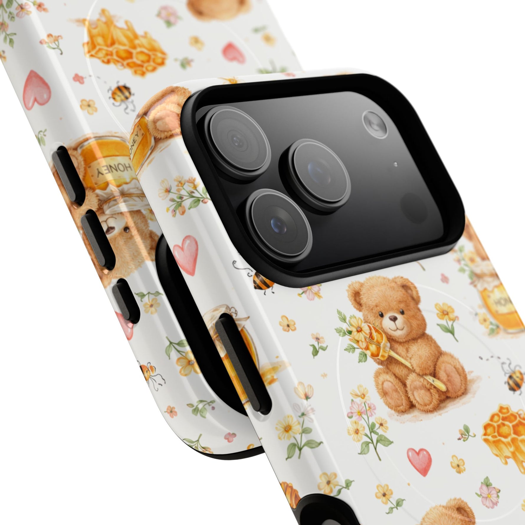 Honey Teddy Bear iPhone Case — Yellow Bee & Honey Pot Design with MagSafe