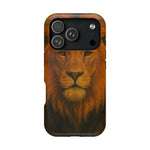 Phone case with realistic lion face design, showing full lion portrait vibrant in brown and orange tones