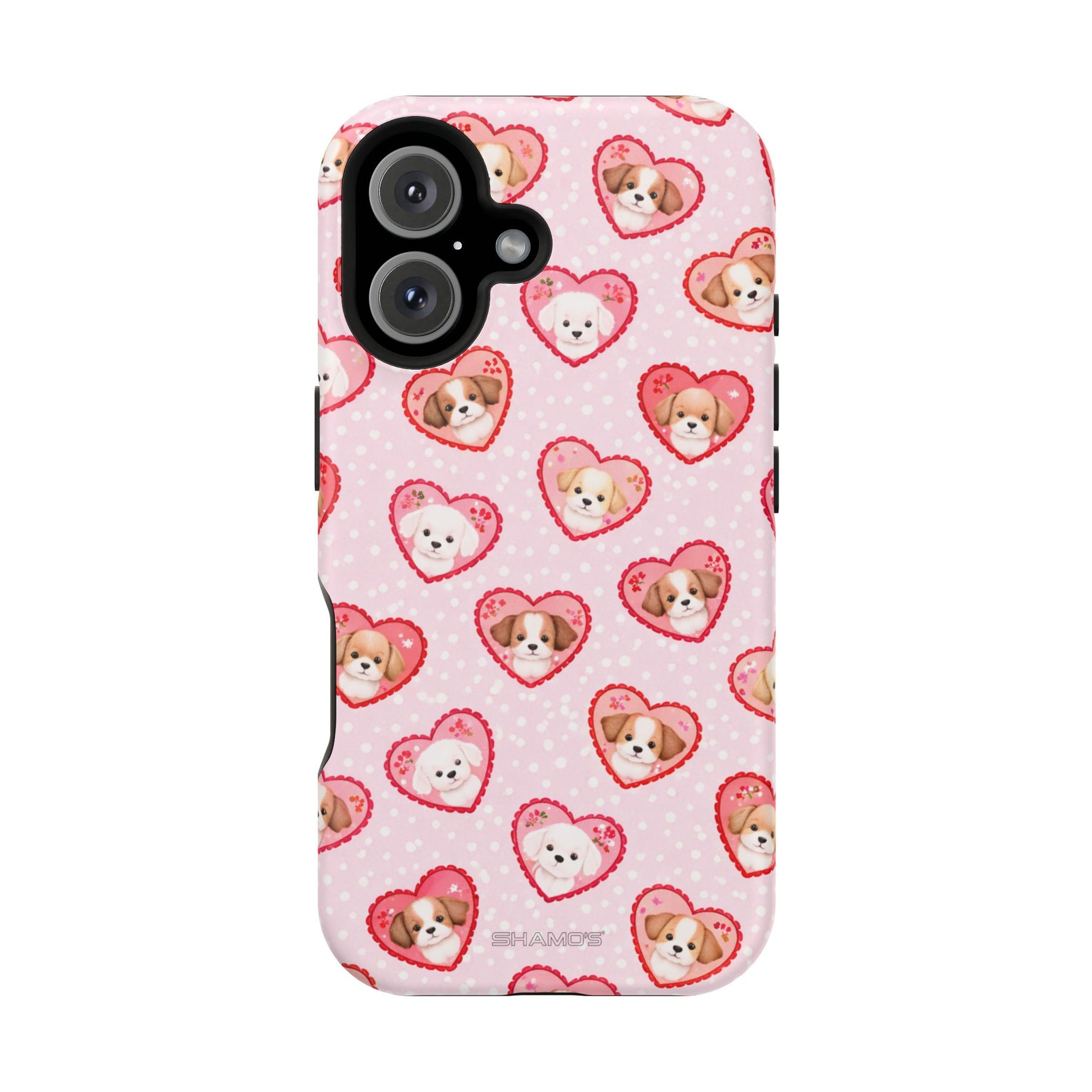 Pink Puppy Heart Pattern MagSafe Impact-Resistant iPhone Case, Valentine Phone Cover