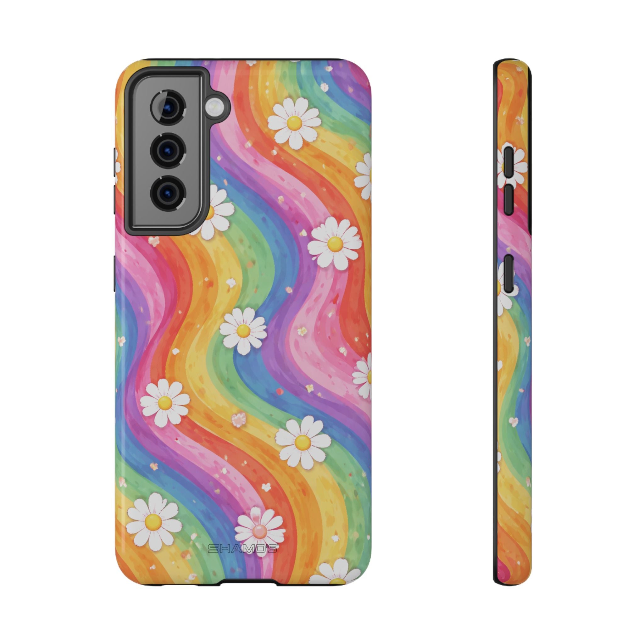 Phone case with flowing rainbow-colored stripes and small white daisies