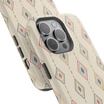 Desert Diamonds – Pastel Geometric Pattern MagSafe Phone Case, glossy square triple-camera Pro model, camera and side-button close-up