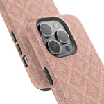 Meadow Lace – Blush Pink Lace Pattern MagSafe Phone Case, glossy square triple-camera Pro model, camera and side-button close-up