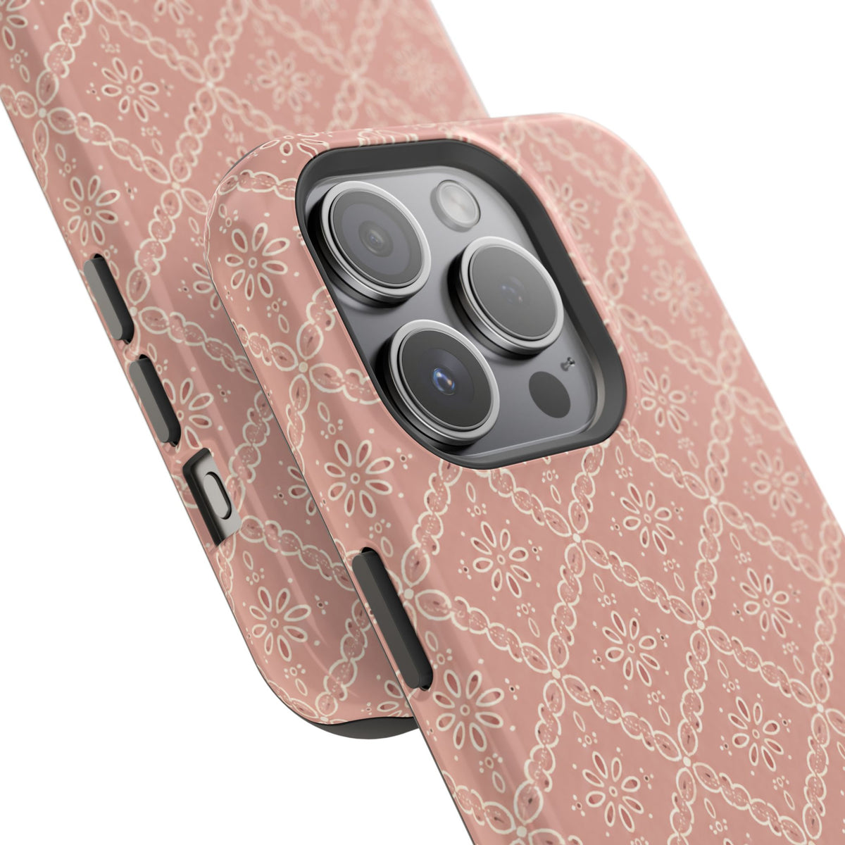 Meadow Lace – Blush Pink Lace Pattern MagSafe Phone Case, glossy square triple-camera Pro model, camera and side-button close-up