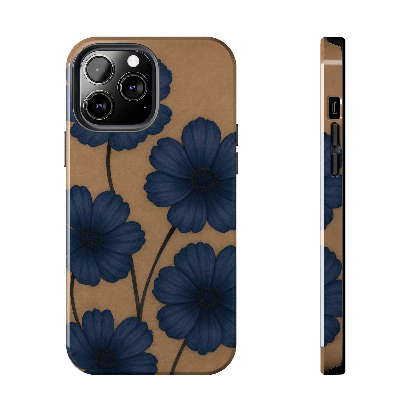 Navy Floral Tough iPhone Case — Durable Protective Case with Blue Flowers on Kraft Background