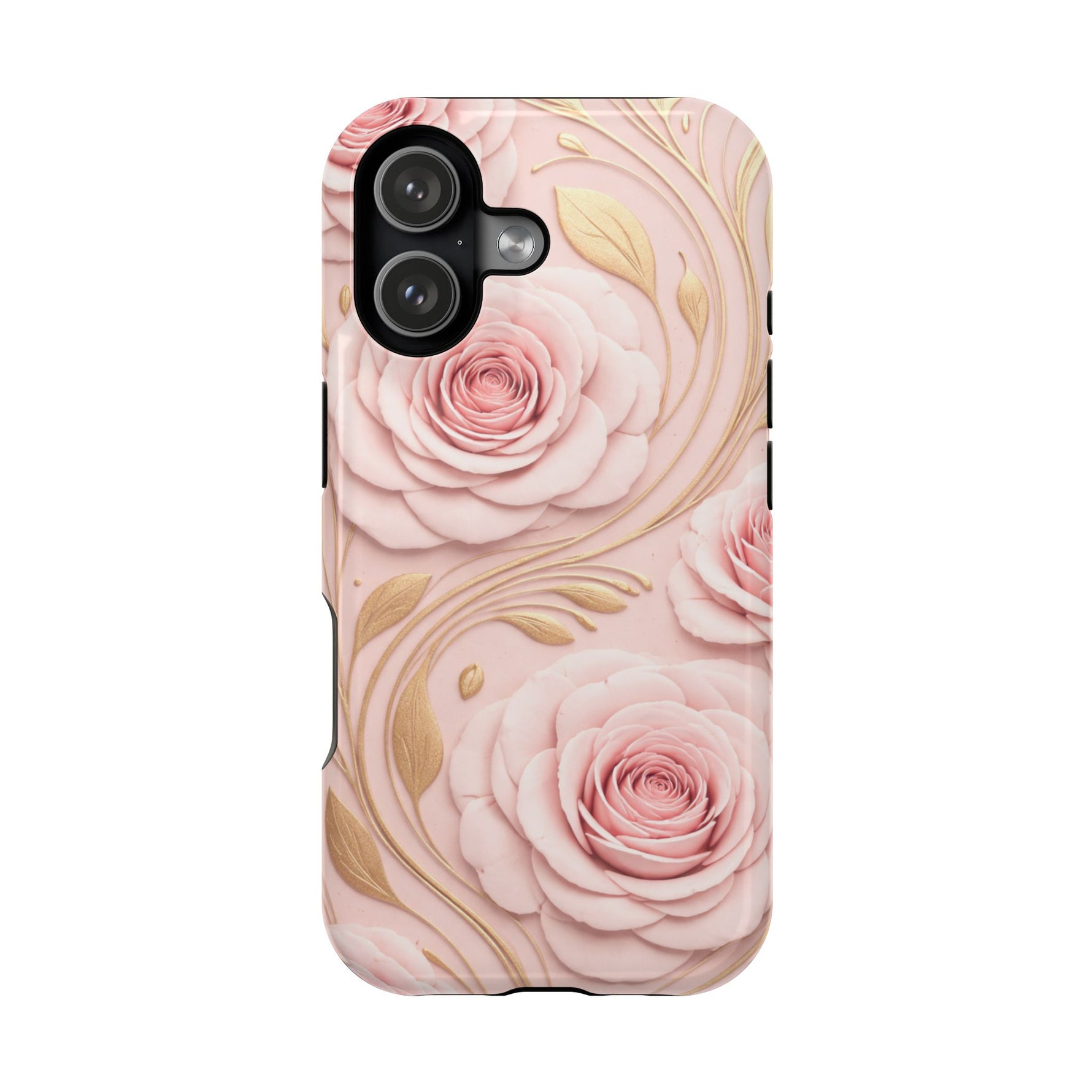 Floral Pink Rose MagSafe iPhone Case, Gold Leaf Magnetic Impact-Resistant