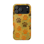 iPhone case with small variant size, featuring orange and brown paw print pattern on yellow background