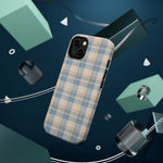 Ranch Check – Blue and Cream Plaid MagSafe Phone Case, glossy diagonal dual-camera model, rear view with magnetic accessories