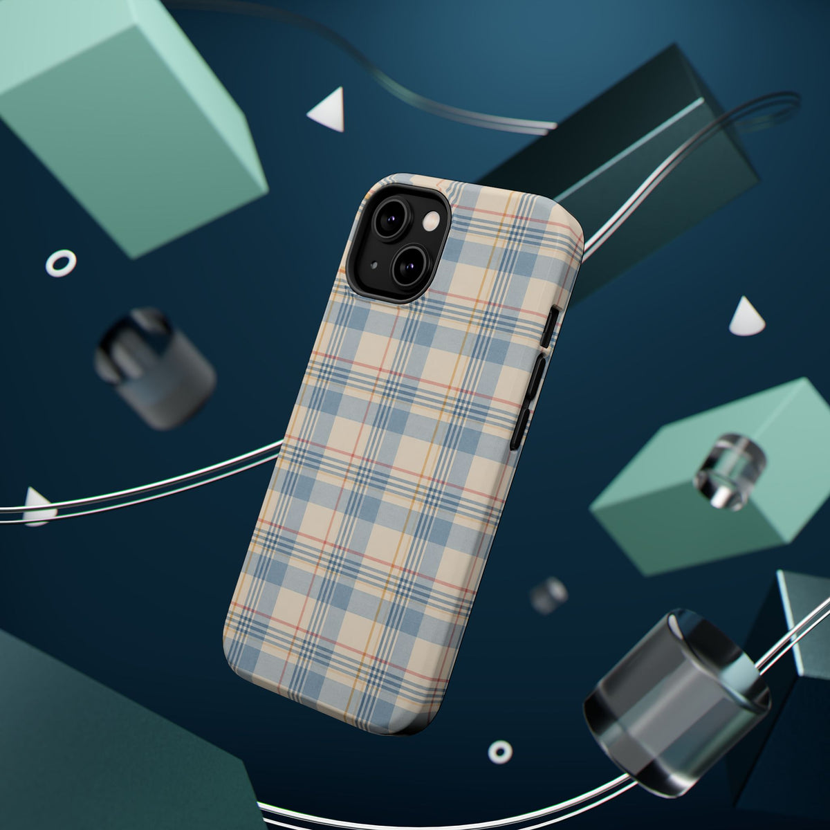 Ranch Check – Blue and Cream Plaid MagSafe Phone Case, glossy diagonal dual-camera model, rear view with magnetic accessories
