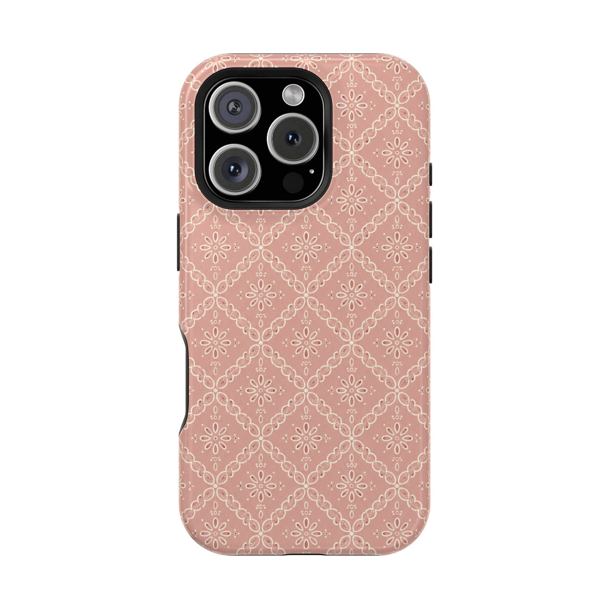 Meadow Lace – Blush Pink Lace Pattern MagSafe Phone Case, glossy iPhone 16 Pro, rear view