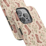 Floral Boots MagSafe Phone Case, glossy square triple-camera Pro model, camera and side-button close-up