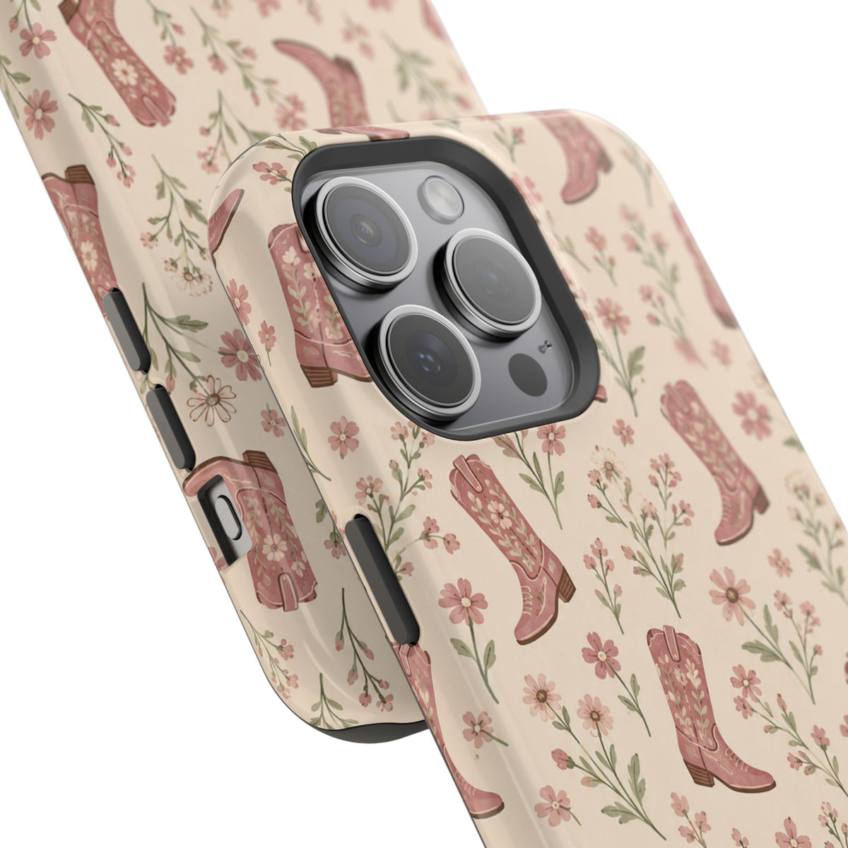 Floral Boots MagSafe Phone Case, glossy square triple-camera Pro model, camera and side-button close-up