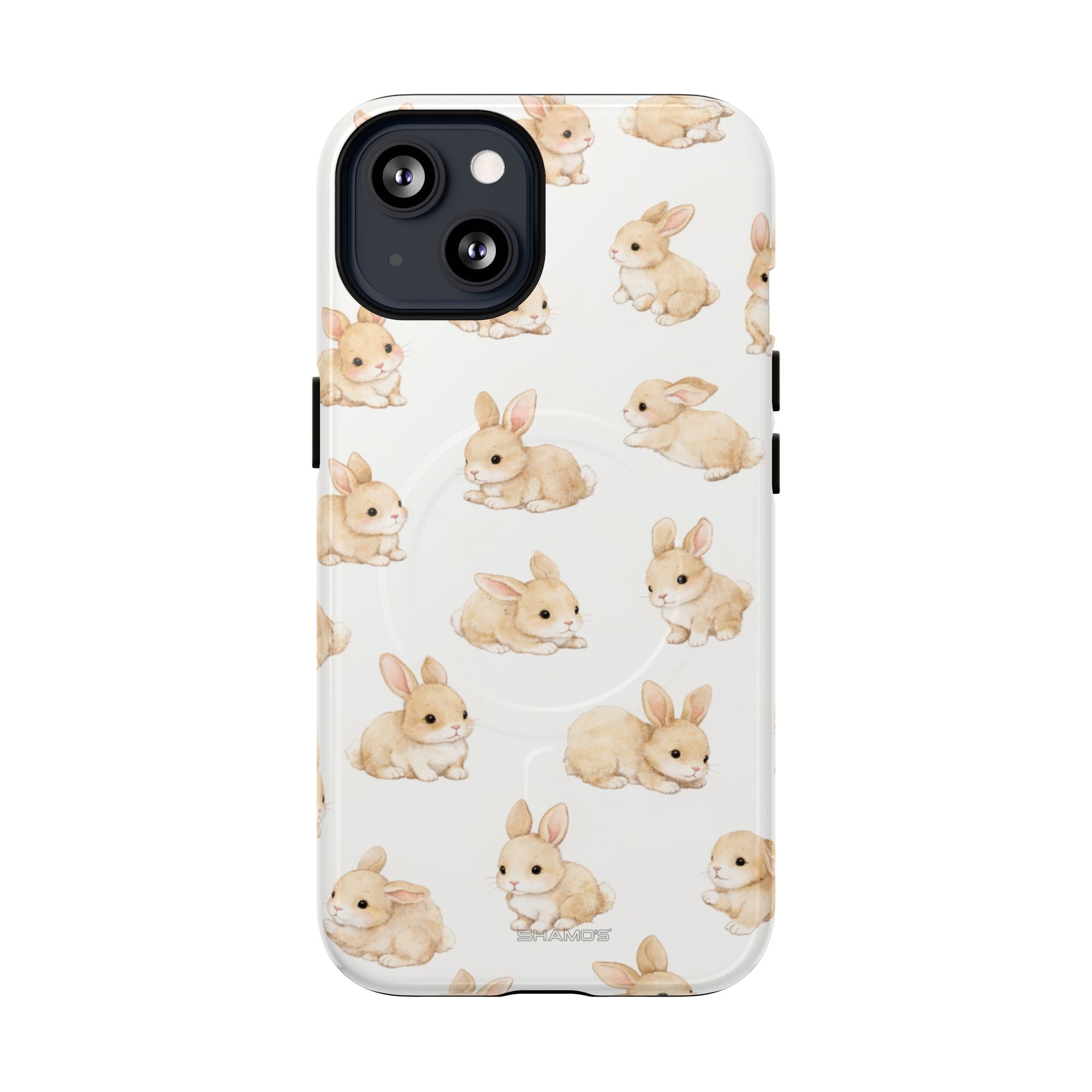 Small phone case with cute beige bunny pattern covering the back, showing variant size #iphone-13
