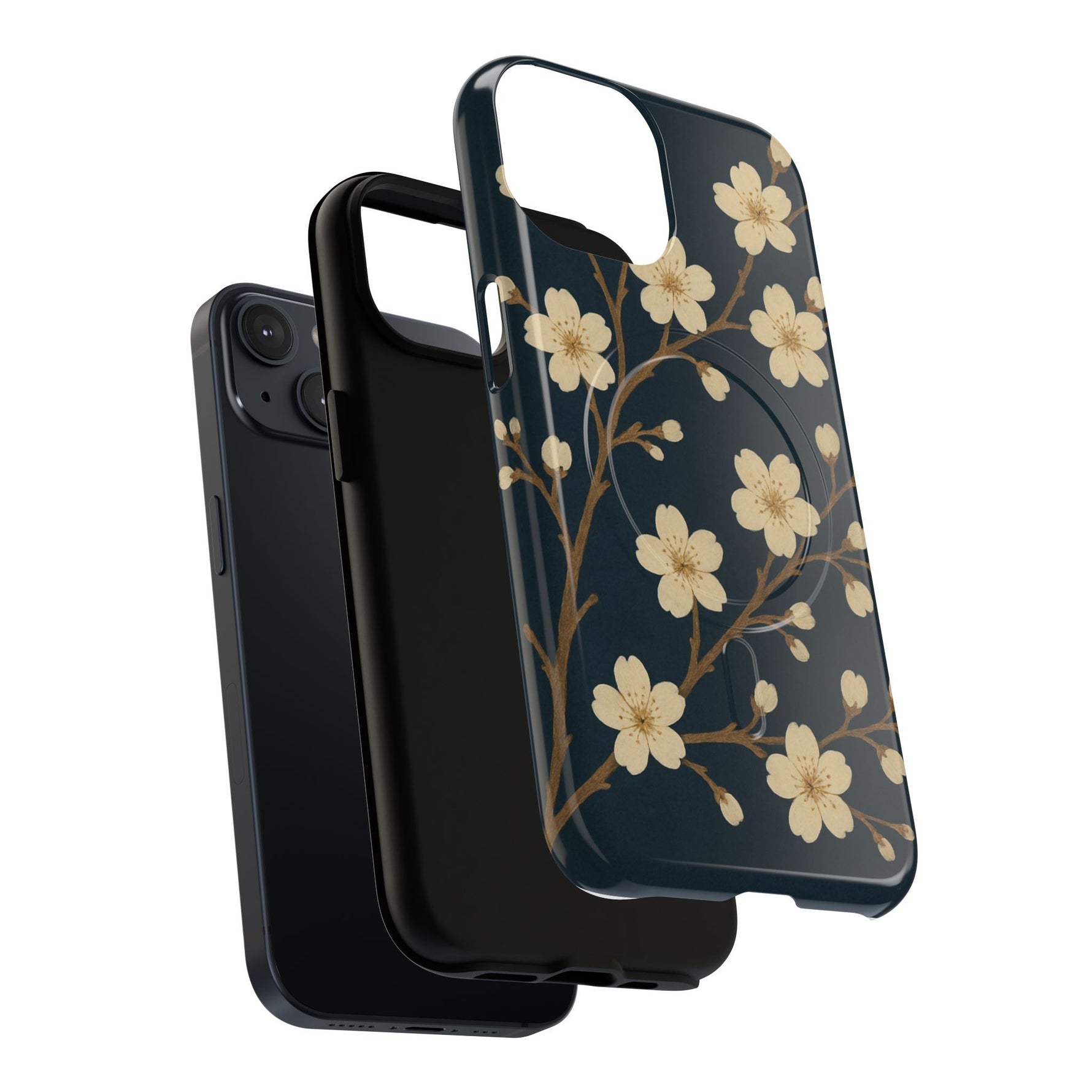 Navy Cherry Blossom Floral iPhone Case - Compatible with MagSafe - Shamo's