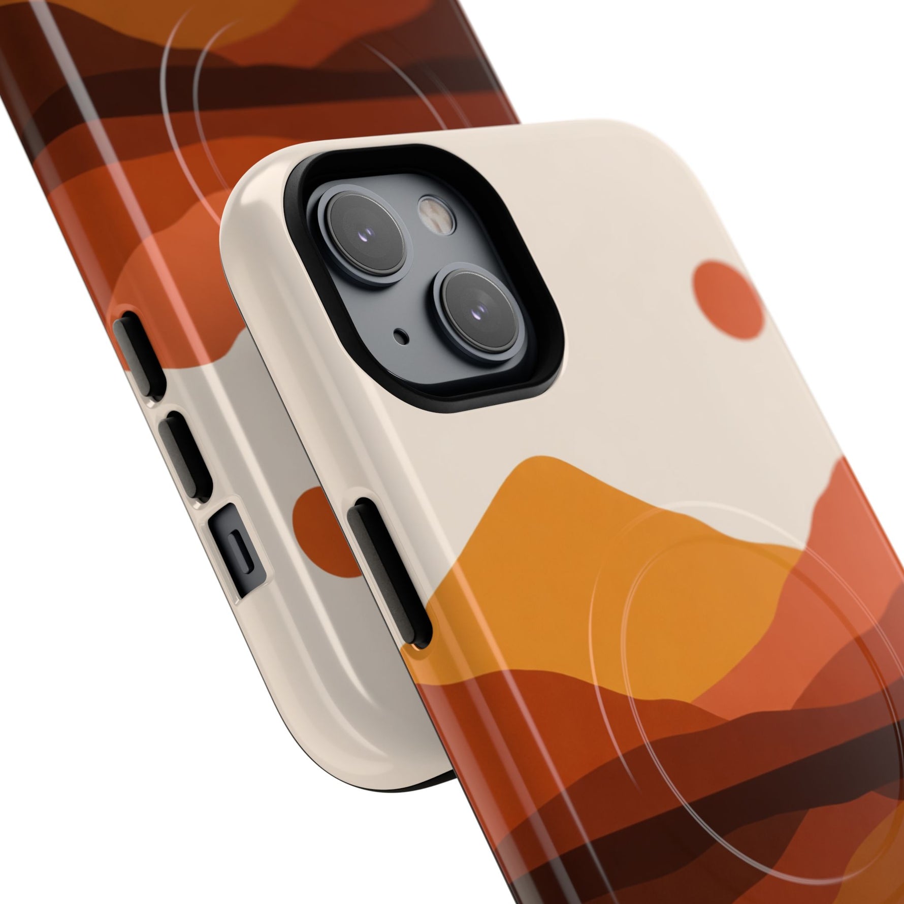 Two size variants of iPhone cases with abstract orange and brown mountain design and circular wireless charging marks