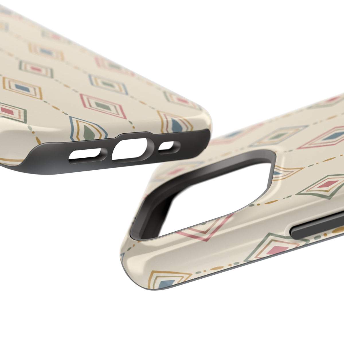 Desert Diamonds – Pastel Geometric Pattern MagSafe Phone Case, glossy square triple-camera Pro model, port openings and edge details