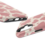 Rose Cowprint – Pink Cow Print MagSafe Phone Case, glossy vertical dual-camera model, port openings and edge details