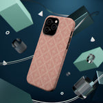 Meadow Lace – Blush Pink Lace Pattern MagSafe Phone Case, glossy square triple-camera Pro model, rear view with magnetic accessories