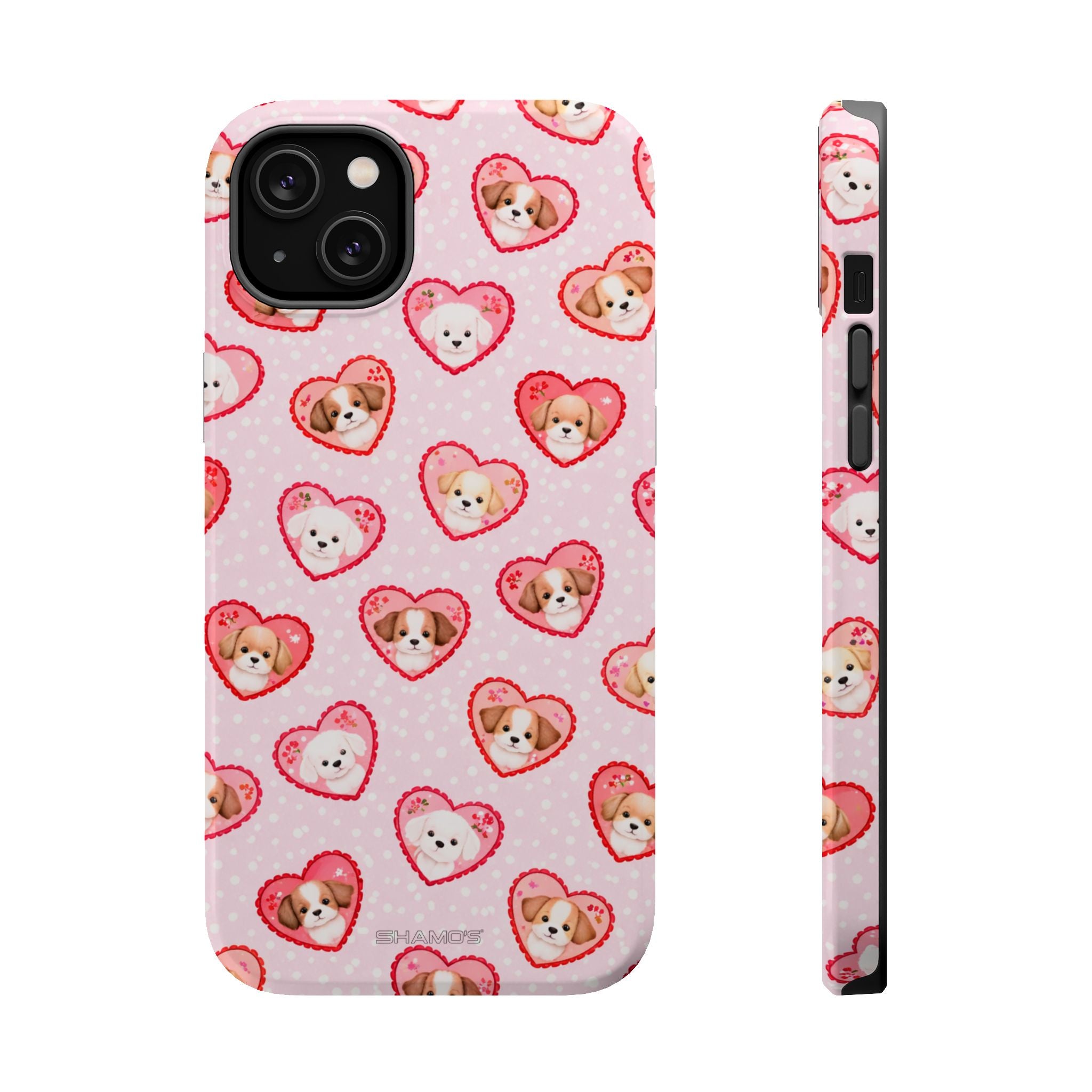 Pink Puppy Heart Pattern MagSafe Impact-Resistant iPhone Case, Valentine Phone Cover - iPhone 14 Plus / Glossy - Shamo's