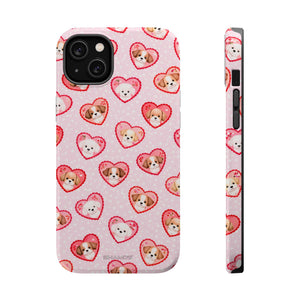 Pink Puppy Heart Pattern MagSafe Impact-Resistant iPhone Case, Valentine Phone Cover - iPhone 14 Plus / Glossy - Shamo's