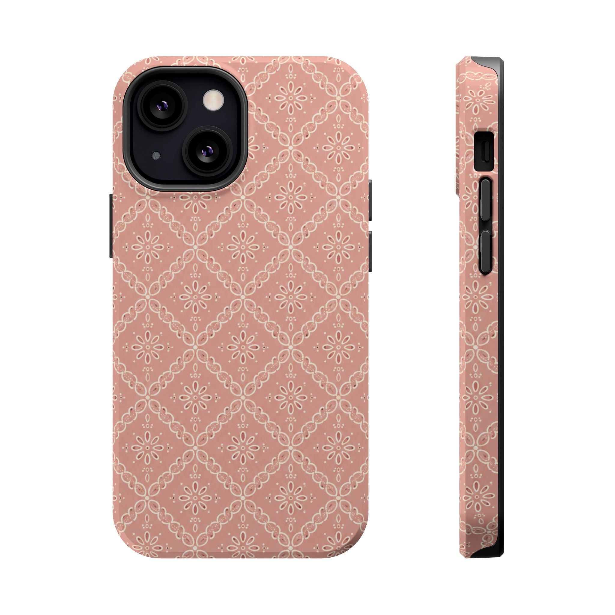 Meadow Lace – Blush Pink Lace Pattern MagSafe Phone Case, glossy iPhone 13 Mini, rear and side profile