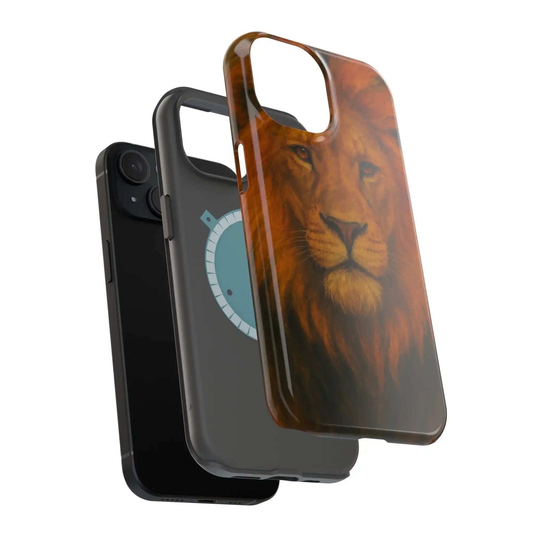 iPhone with two cases displayed, one gray with circular logo, one with detailed lion face design, showing variant size