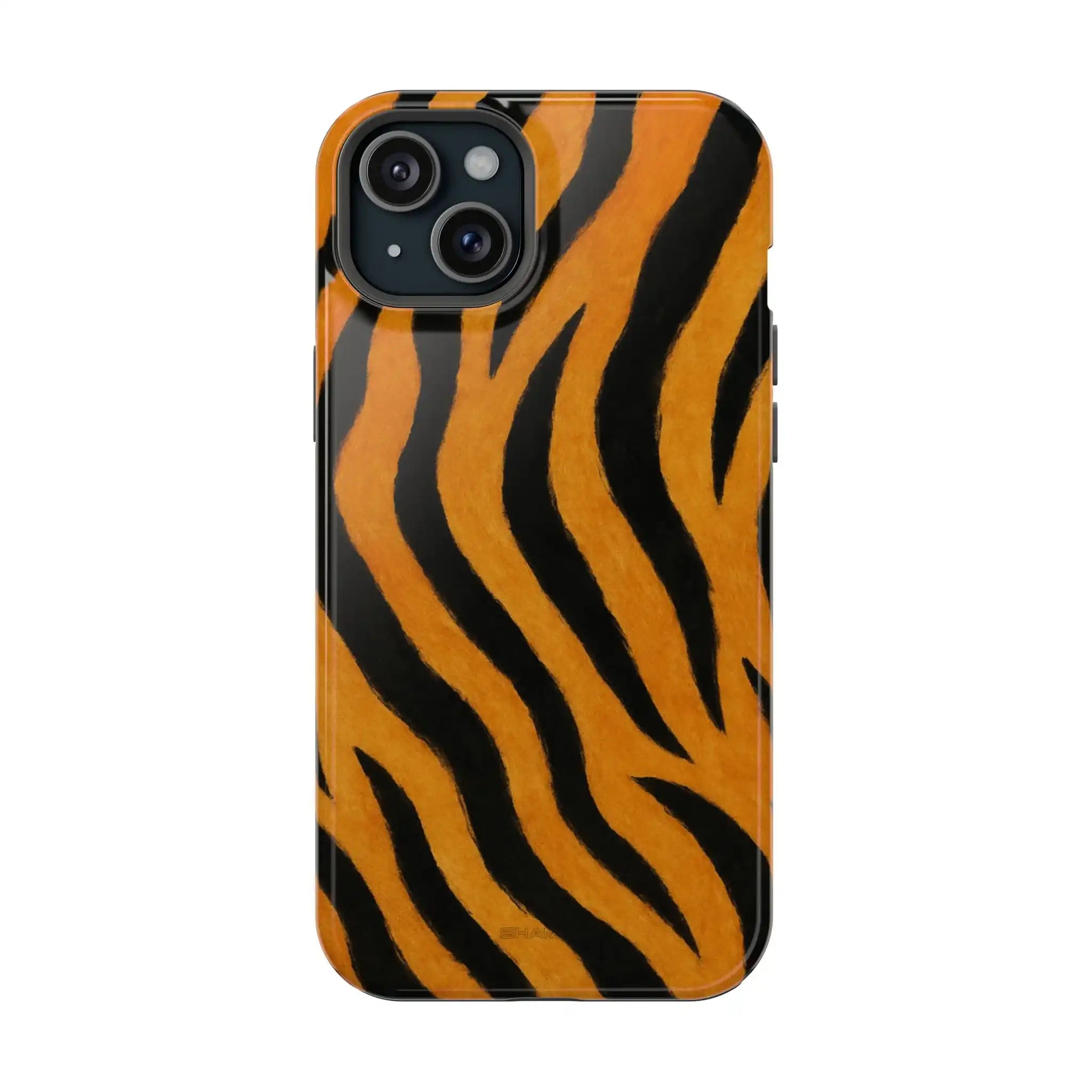 Tiger stripe patterned glossy phone case for iPhone 13 with dual camera cutout variant size