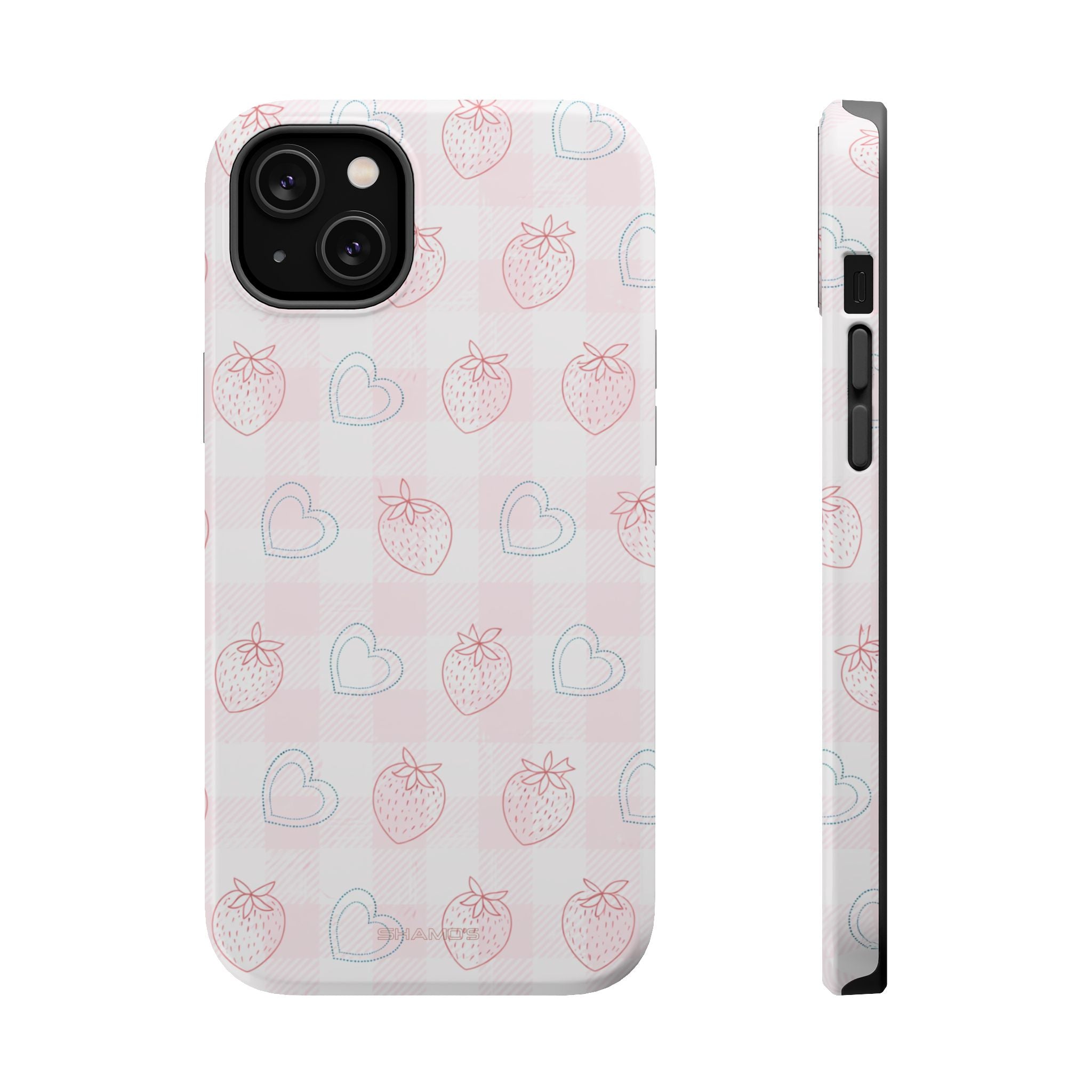 Strawberry Hearts MagSafe Compatible Phone Case | 'Paint it your way' Pink Plaid Impact-Resistant - iPhone 14 Plus / Glossy - Shamo's