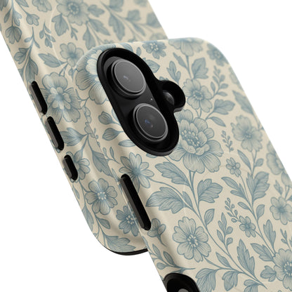 Vintage Blue Floral Tough Case for iPhone - Compatible with MagSafe