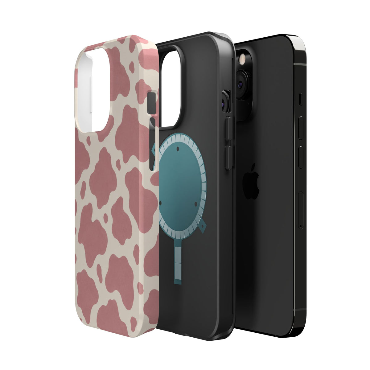 Rose Cowprint – Pink Cow Print MagSafe Phone Case, glossy square triple-camera Pro model, exploded shell and liner with magnetic ring