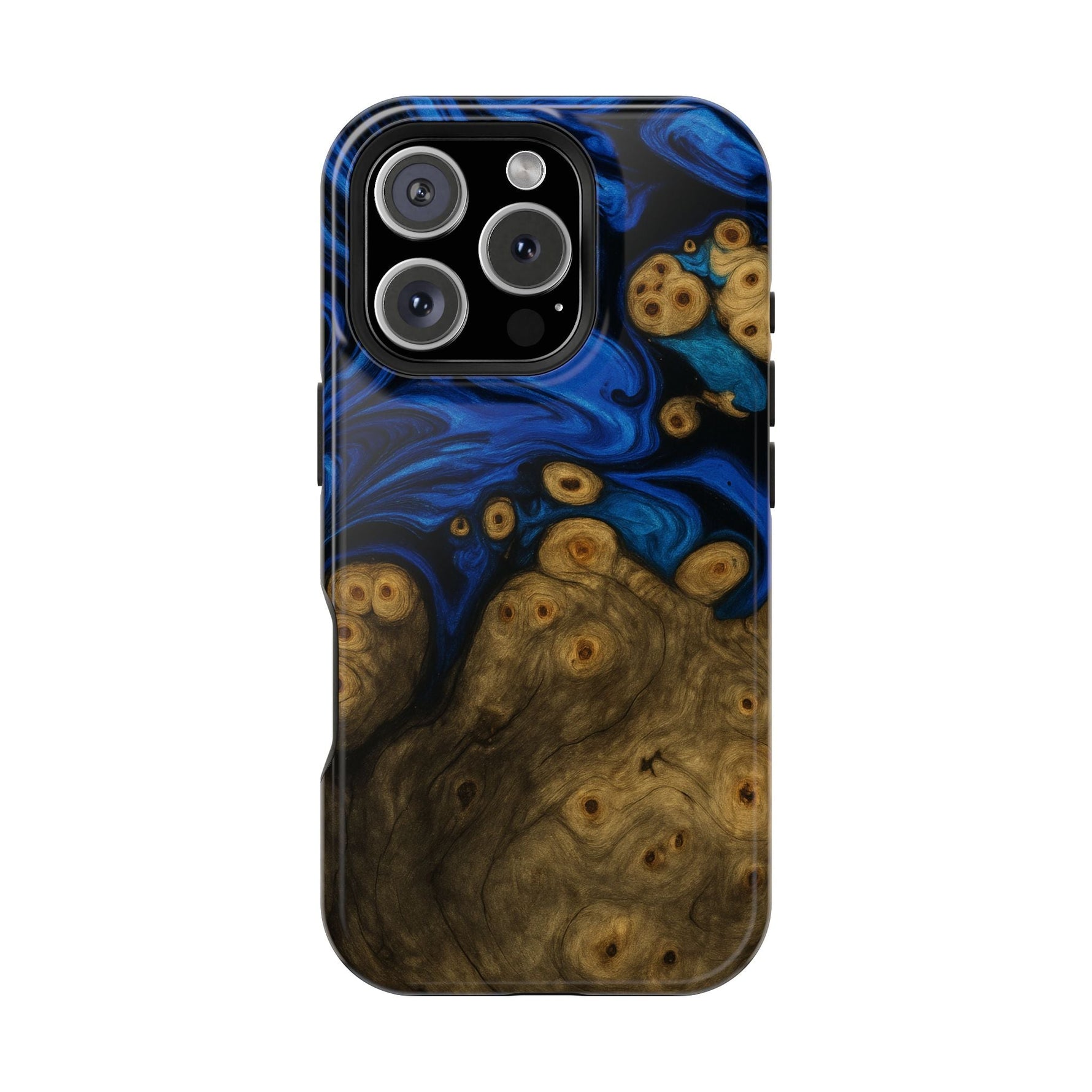 Blue Swirl & Burl Wood Impact iPhone Case | MagSafe compatible  Shamo's iPhone 16 Pro / Glossy