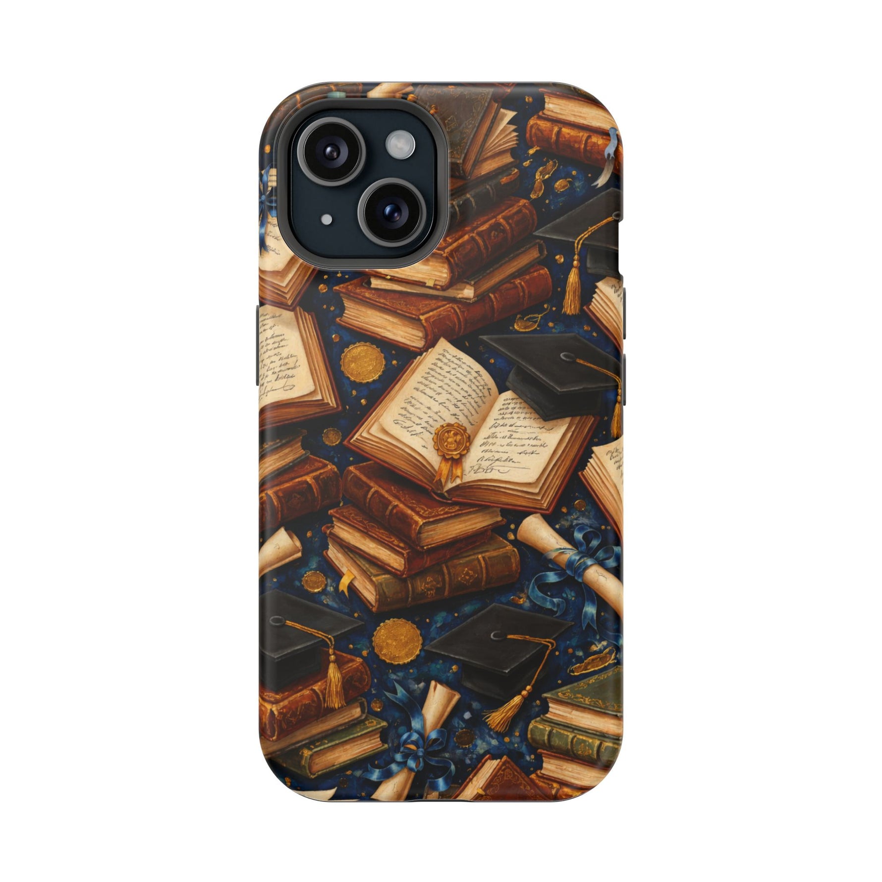 Vintage Books & Graduation Caps MagSafe Phone Case, Impact-Resistant Graduation Gift - iPhone 15 / Matte - Shamo's