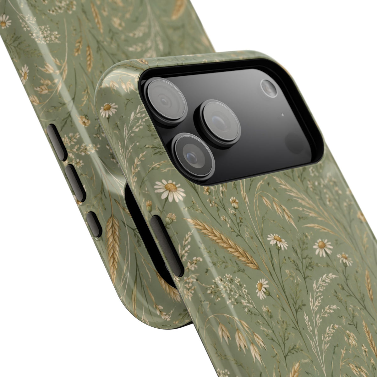 Golden Meadow – Sage Green Wildflower MagSafe Phone Case, glossy wide-camera Pro Max model, camera and side-button close-up