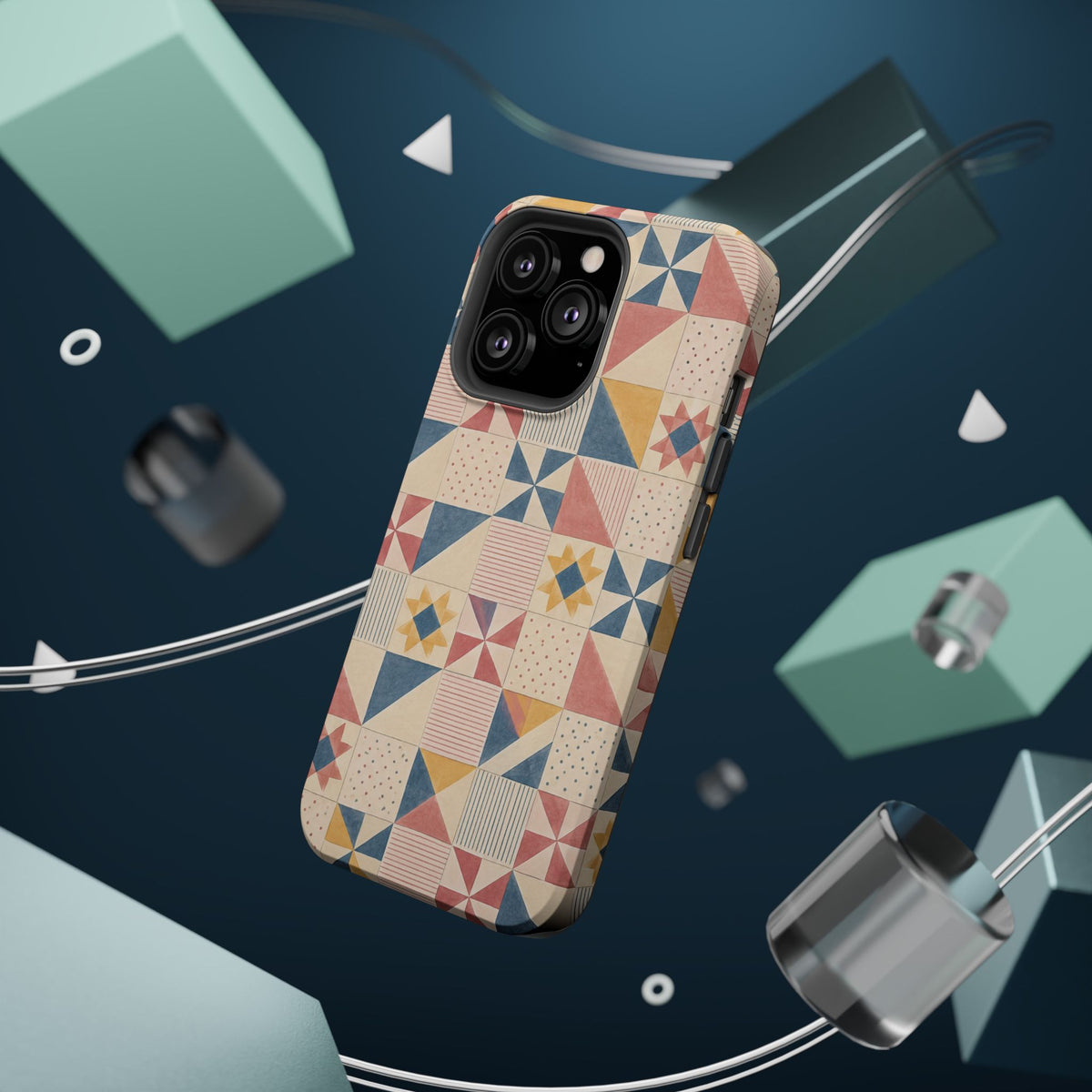 Prairie Quilt – Pastel Patchwork Pattern MagSafe Phone Case, glossy square triple-camera Pro model, rear view with magnetic accessories