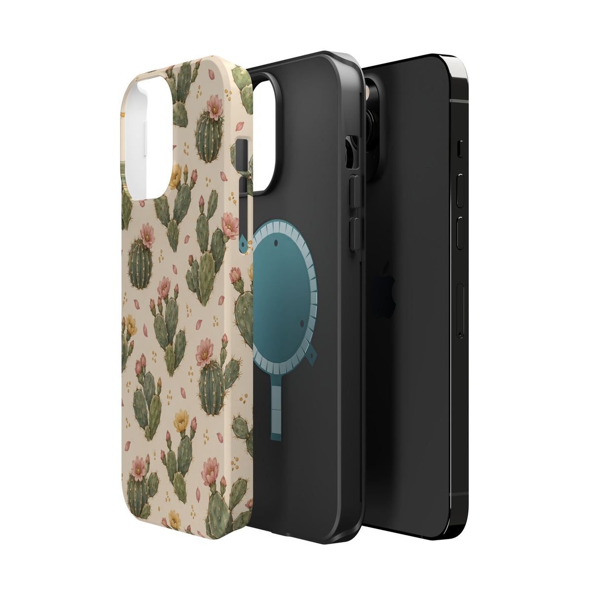 Cactus Bloom – Sage Green Floral Cactus MagSafe Phone Case, glossy square triple-camera Pro model, exploded shell and liner with magnetic ring